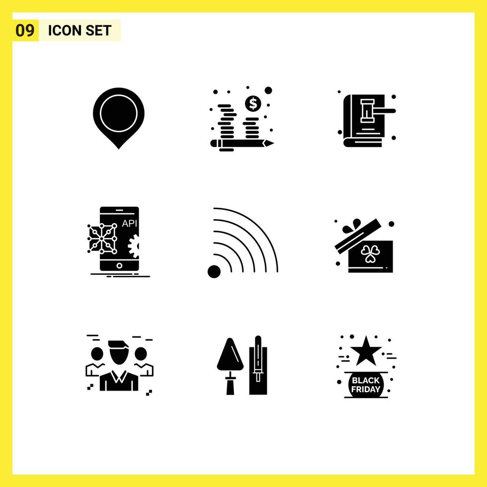 Set of 9 Commercial Solid Glyphs pack for mobile coding auction application law book Editable Vector Design Elements