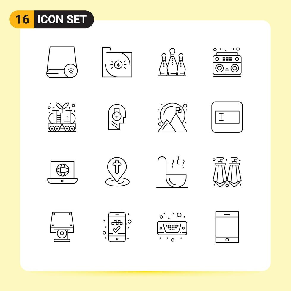 Mobile Interface Outline Set of 16 Pictograms of sound audio document sport skittle Editable Vector Design Elements