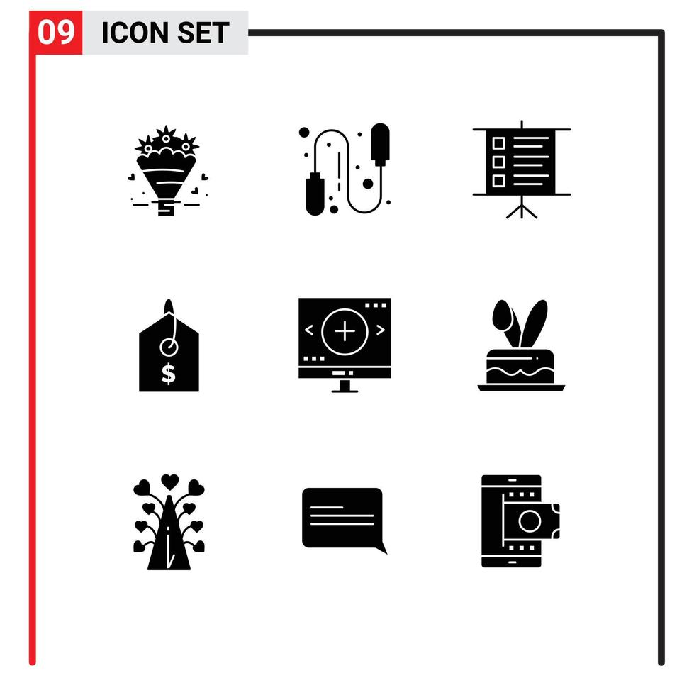 9 Thematic Vector Solid Glyphs and Editable Symbols of search glass text find tag Editable Vector Design Elements