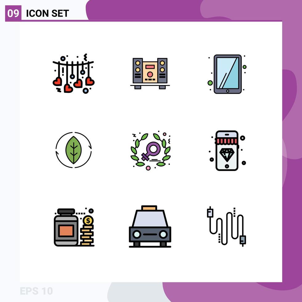 Pack of 9 Modern Filledline Flat Colors Signs and Symbols for Web Print Media such as women feminism ipad power green Editable Vector Design Elements