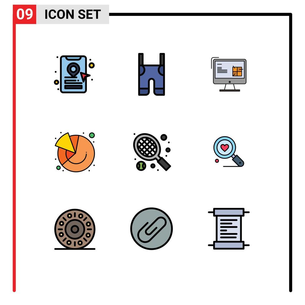 User Interface Pack of 9 Basic Filledline Flat Colors of racket graph computer finance design Editable Vector Design Elements