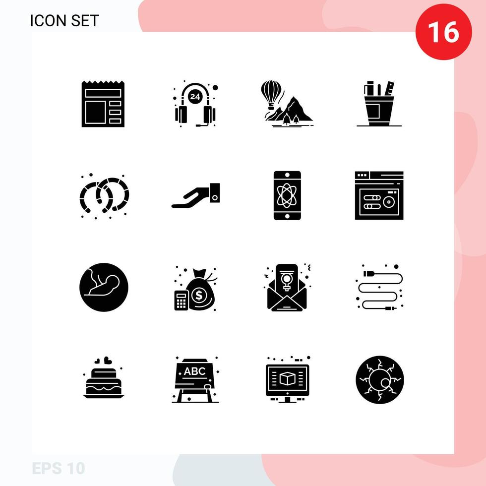 Set of 16 Vector Solid Glyphs on Grid for supplies office explore desk balloons Editable Vector Design Elements