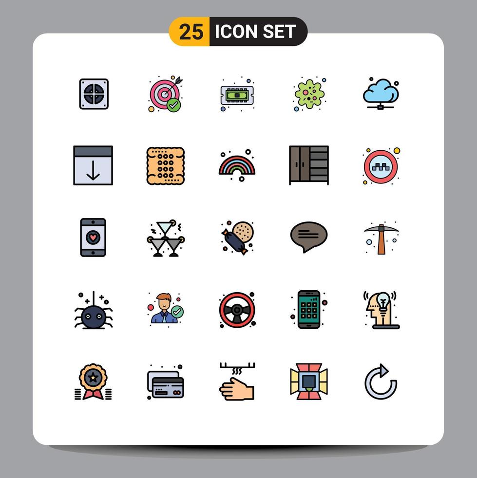 Pack of 25 creative Filled line Flat Colors of data virus chip pathogen infection Editable Vector Design Elements