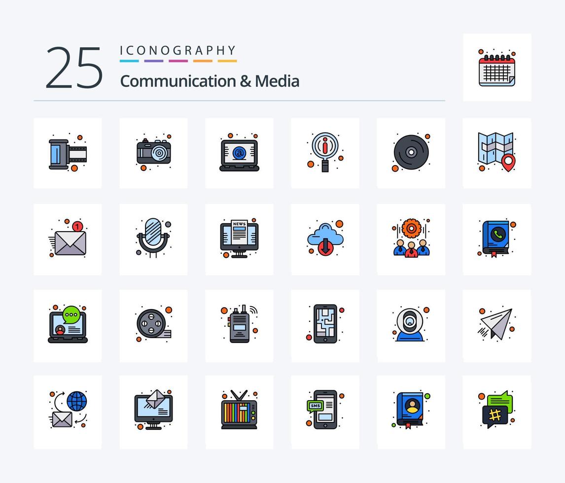 comunicación y medios de comunicación 25 línea lleno icono paquete incluso disco. buscar. fotografía. manuales correo vector
