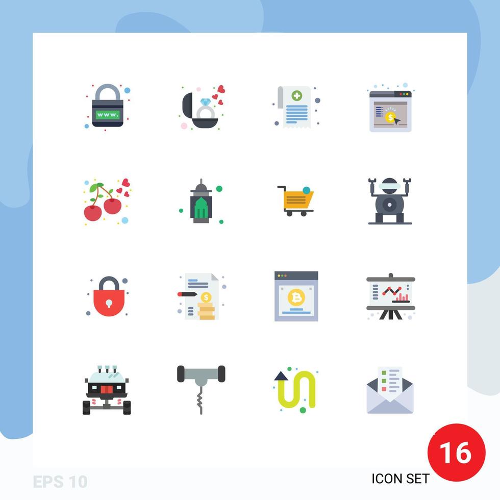 Group of 16 Flat Colors Signs and Symbols for heart browser gift marketing report Editable Pack of Creative Vector Design Elements