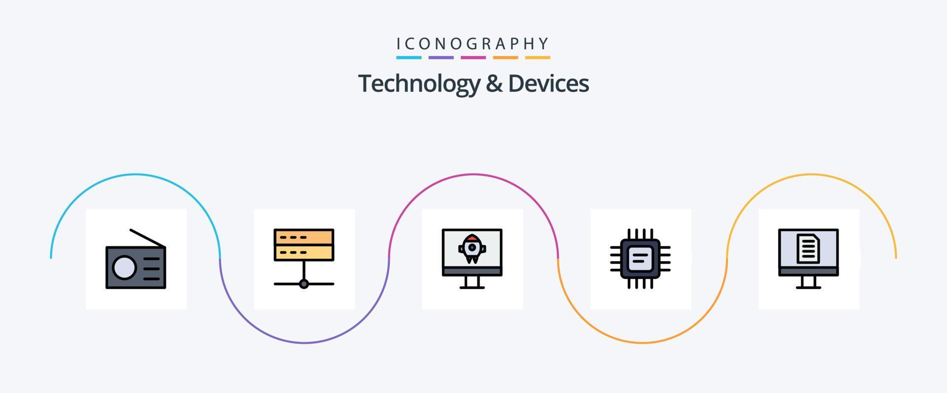 dispositivos línea lleno plano 5 5 icono paquete incluso documento. procesador. señal. dispositivos. chip vector