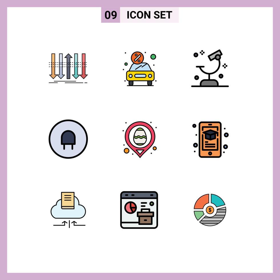 Editable Vector Line Pack of 9 Simple Filledline Flat Colors of plug charge present science microscope Editable Vector Design Elements