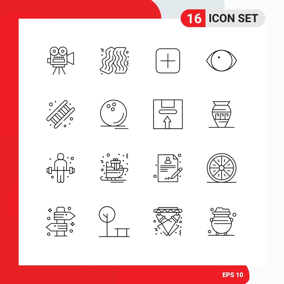 Mobile Interface Outline Set of 16 Pictograms of job fire plus vision face Editable Vector Design Elements