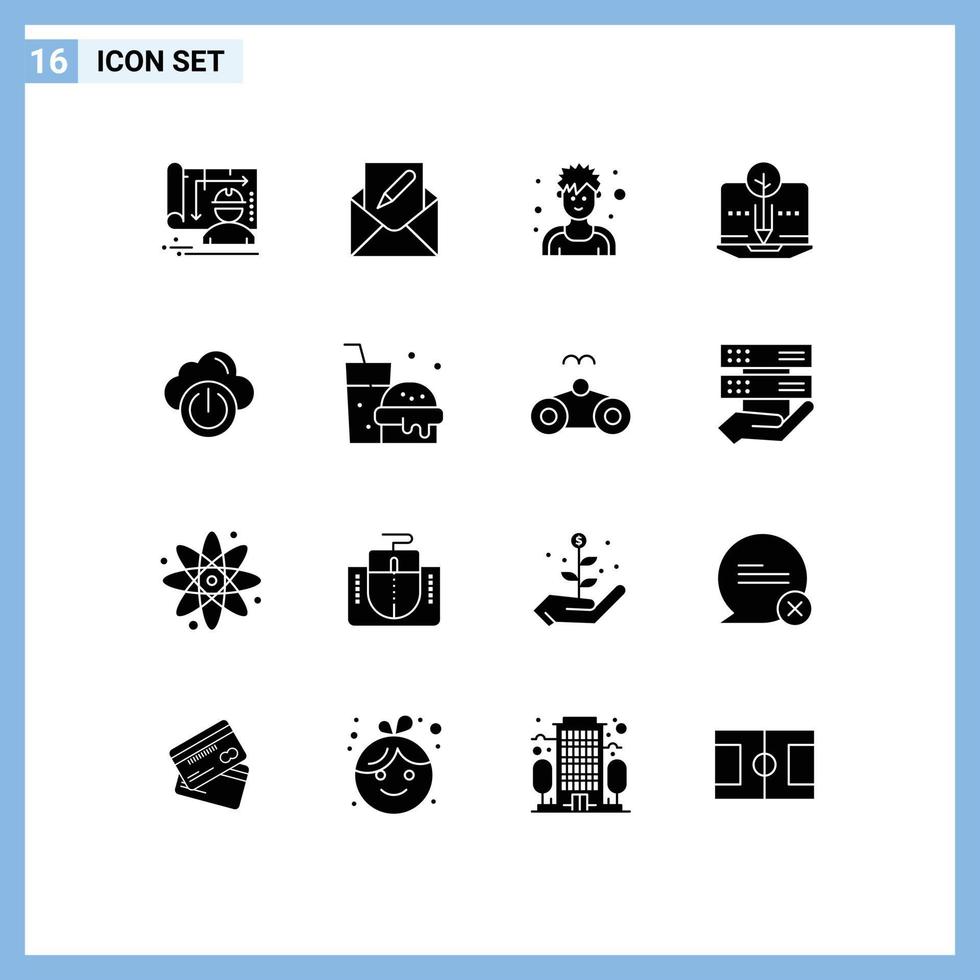 Modern Set of 16 Solid Glyphs Pictograph of cloud organic content mail content sportsman Editable Vector Design Elements
