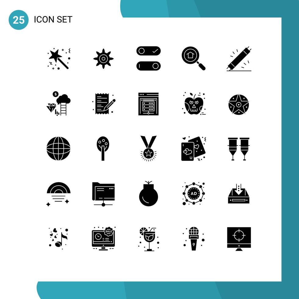 Set of 25 Vector Solid Glyphs on Grid for hardware electronic switch electric search Editable Vector Design Elements