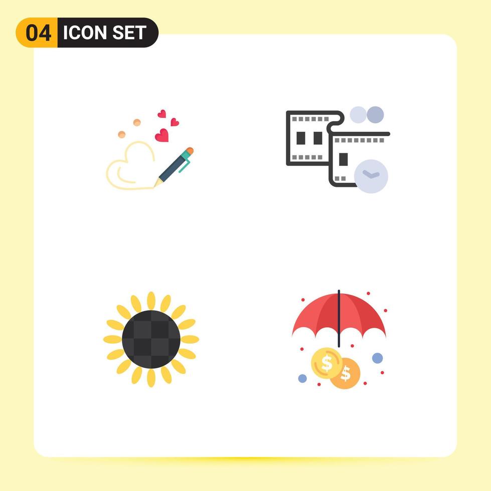 Editable Vector Line Pack of 4 Simple Flat Icons of pen sunflower wedding movie reel vegetables Editable Vector Design Elements
