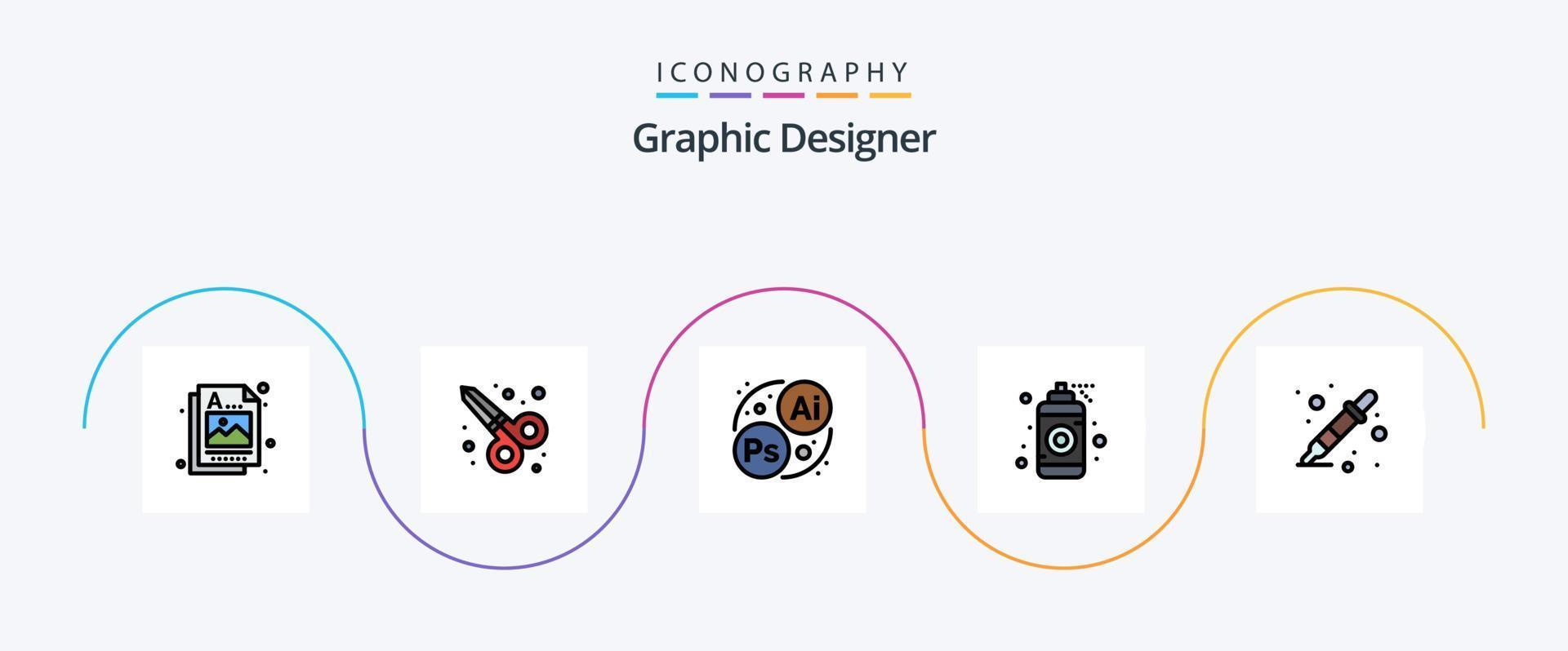 Graphic Designer Line Filled Flat 5 Icon Pack Including liquidator. color sampler. designing. color picker. idea vector