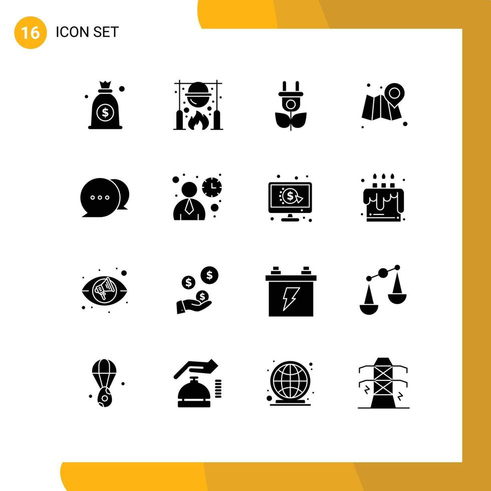 Solid Glyph Pack of 16 Universal Symbols of interface communication eco chat location Editable Vector Design Elements