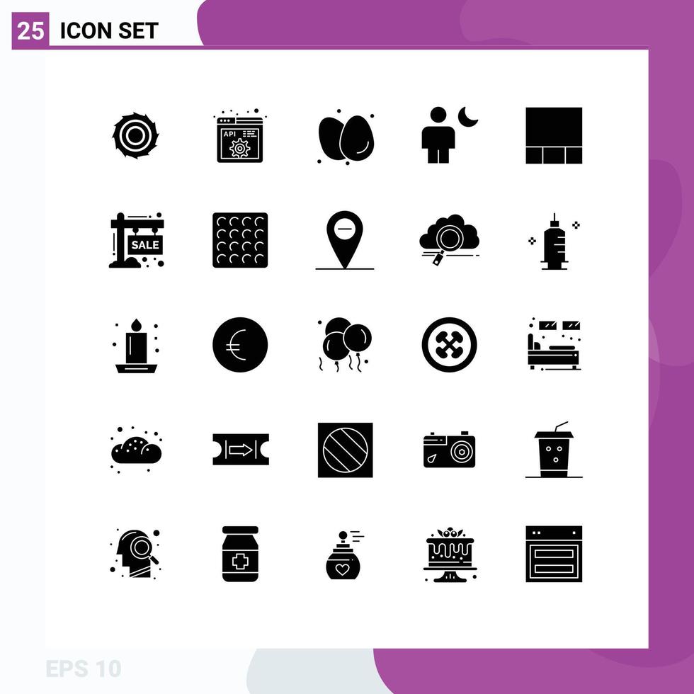 Pack of 25 creative Solid Glyphs of grid moon breakfast human avatar Editable Vector Design Elements