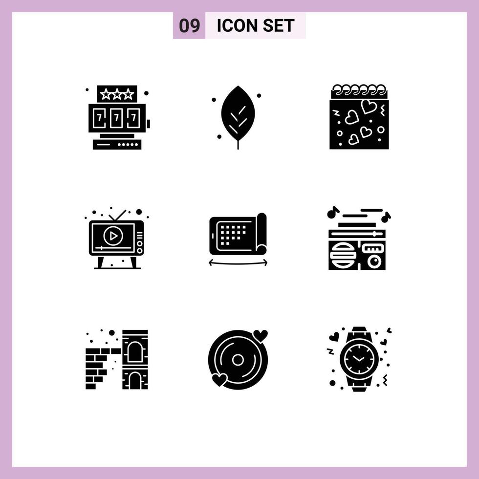 Universal Icon Symbols Group of 9 Modern Solid Glyphs of display screen heart play advertising Editable Vector Design Elements