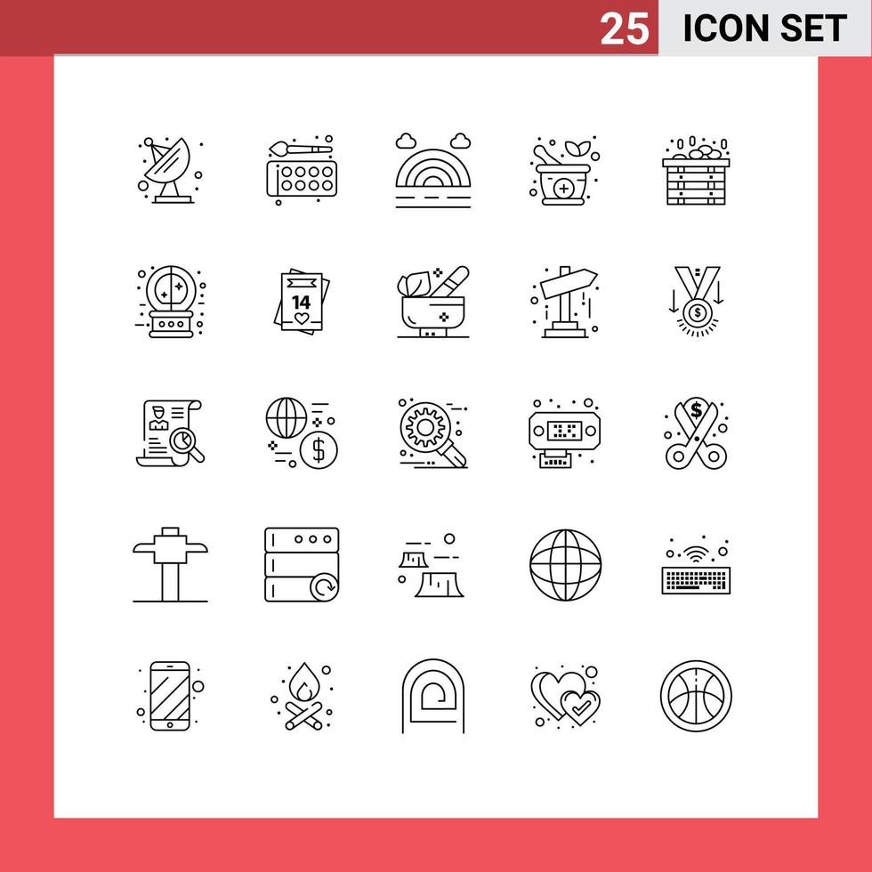 Pack of 25 Modern Lines Signs and Symbols for Web Print Media such as crystal ball sauna forecast spa medicine Editable Vector Design Elements