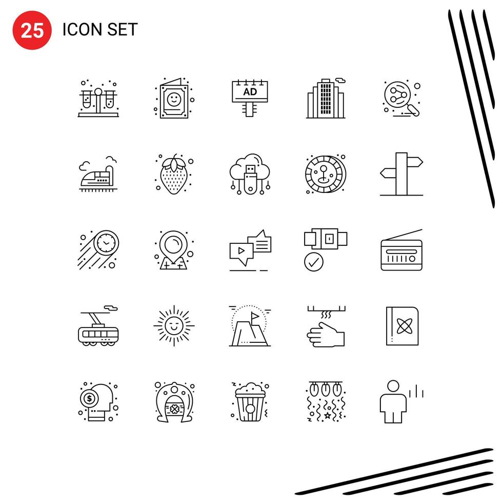 User Interface Pack of 25 Basic Lines of social network ad real building Editable Vector Design Elements