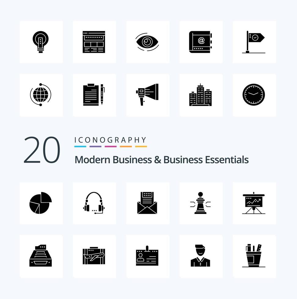 20 Modern Business And Business Essentials Solid Glyph icon Pack like envelope communication call email help vector