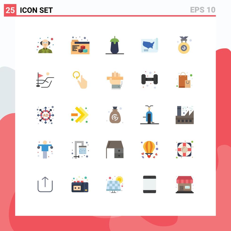 25 User Interface Flat Color Pack of modern Signs and Symbols of won olympic food medal united Editable Vector Design Elements