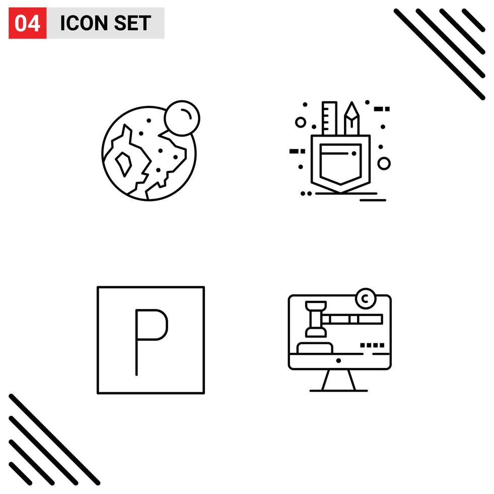 Line Pack of 4 Universal Symbols of earth parking moon tools copy right Editable Vector Design Elements