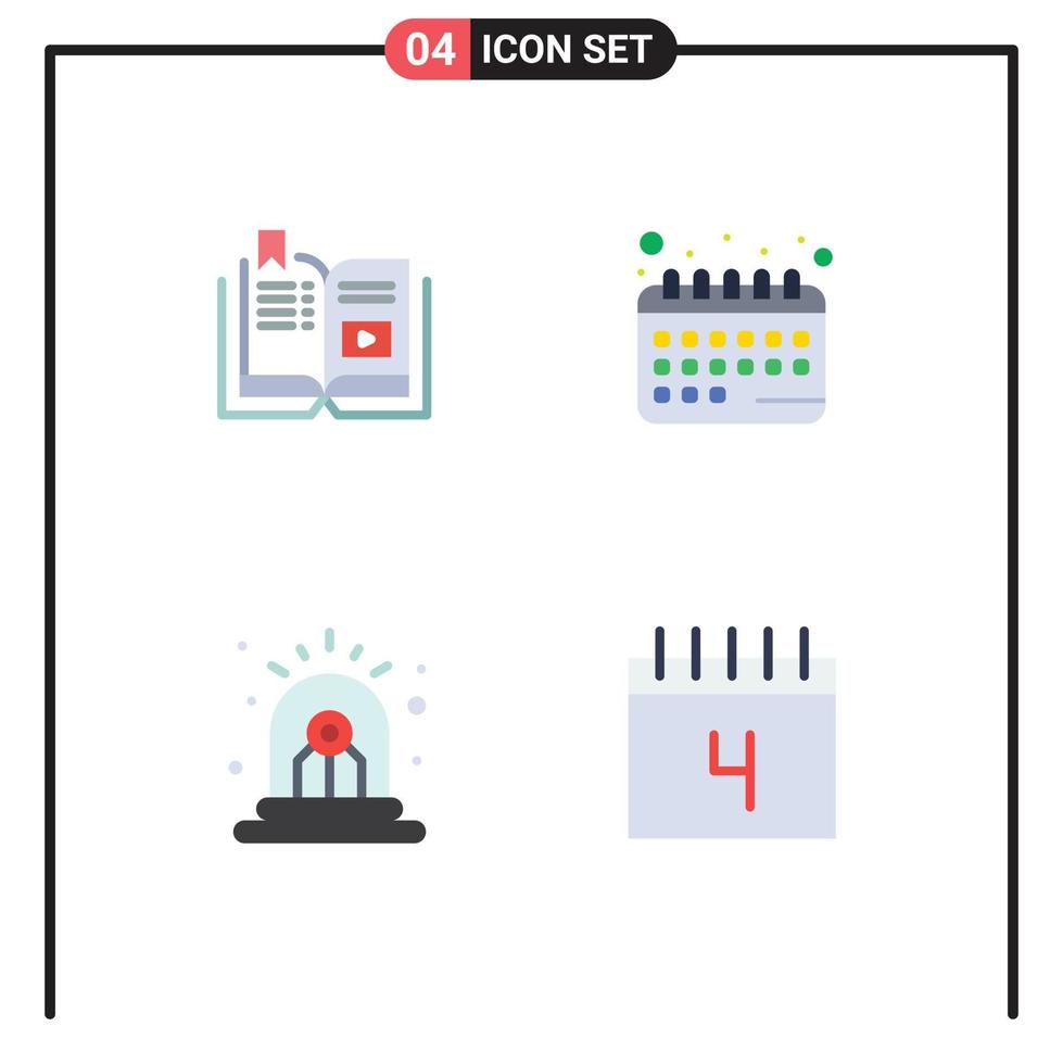 4 User Interface Flat Icon Pack of modern Signs and Symbols of book alarm education calendar danger Editable Vector Design Elements