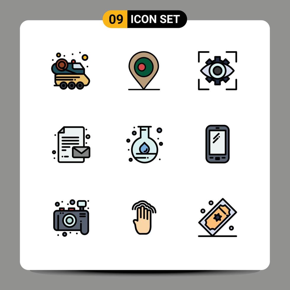 9 User Interface Filledline Flat Color Pack of modern Signs and Symbols of lab energy focus message back to school Editable Vector Design Elements