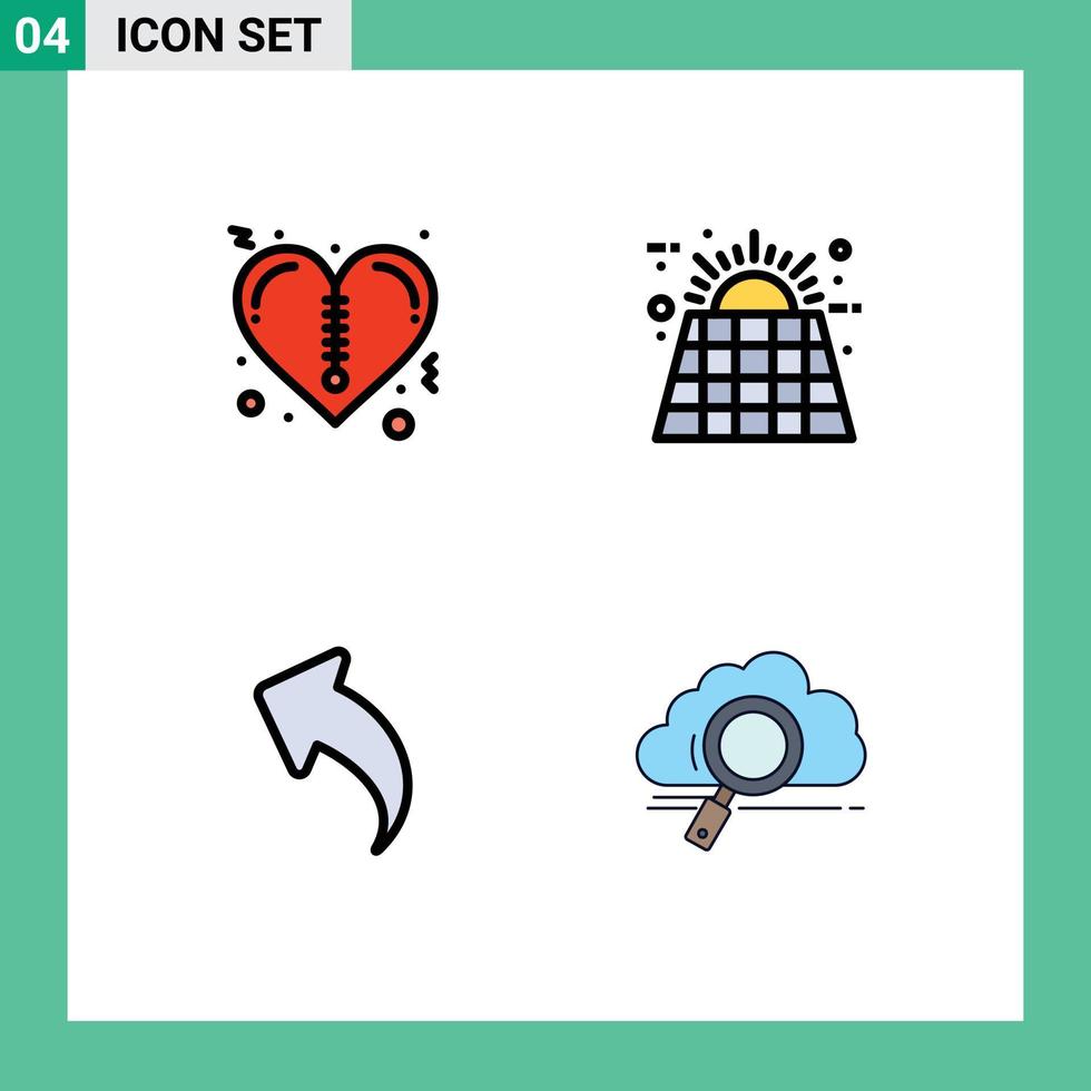 Pack of 4 creative Filledline Flat Colors of heart up battery battery cloud Editable Vector Design Elements