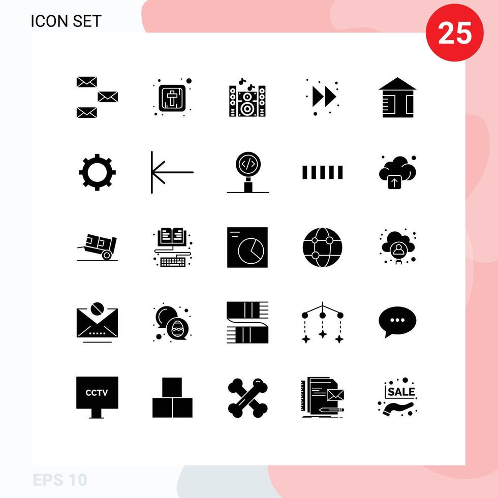 25 Universal Solid Glyphs Set for Web and Mobile Applications cog board music advertising forward Editable Vector Design Elements