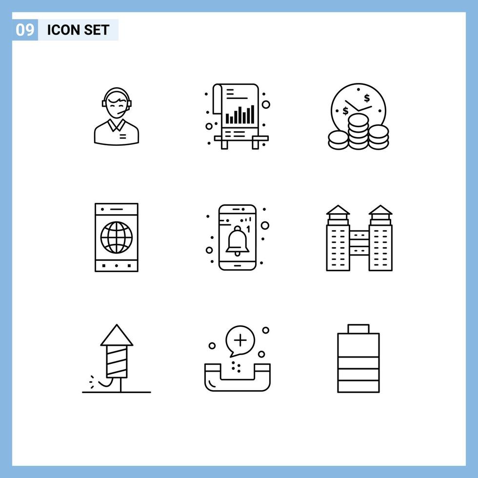 User Interface Pack of 9 Basic Outlines of mobile browser documents time investment Editable Vector Design Elements