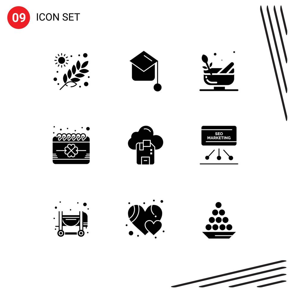 9 User Interface Solid Glyph Pack of modern Signs and Symbols of cloud festival grinding event calendar Editable Vector Design Elements
