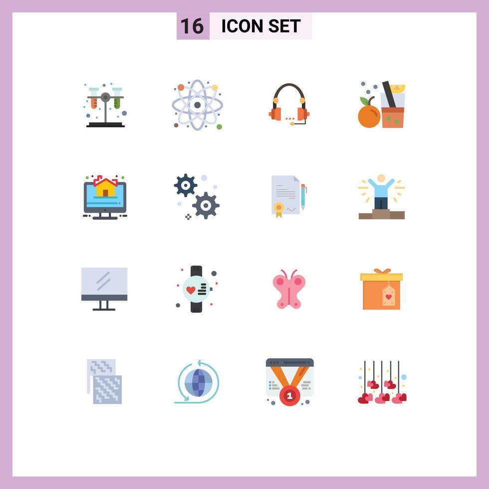 Pictogram Set of 16 Simple Flat Colors of orange fruit call beverage help Editable Pack of Creative Vector Design Elements
