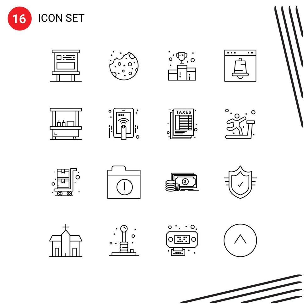 Pack of 16 Modern Outlines Signs and Symbols for Web Print Media such as interface alert food alarm medal Editable Vector Design Elements