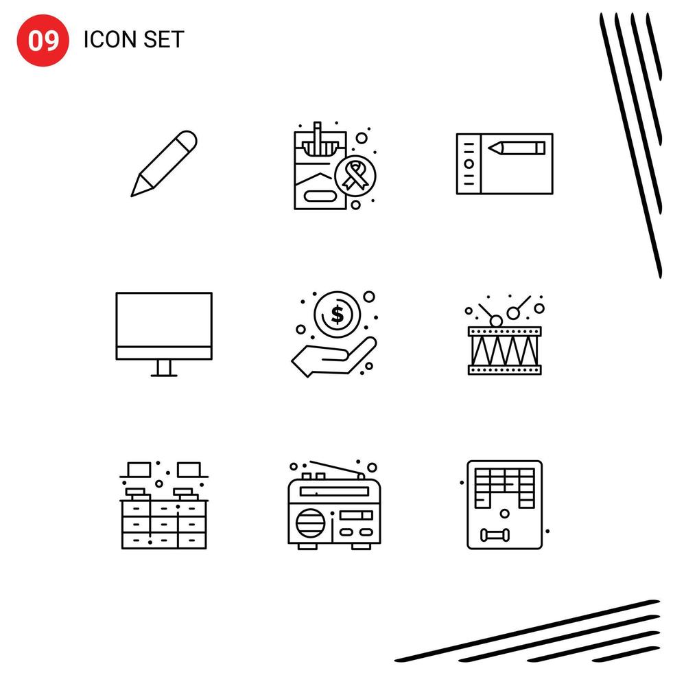 Pack of 9 Modern Outlines Signs and Symbols for Web Print Media such as cash hardware design gadget computers Editable Vector Design Elements