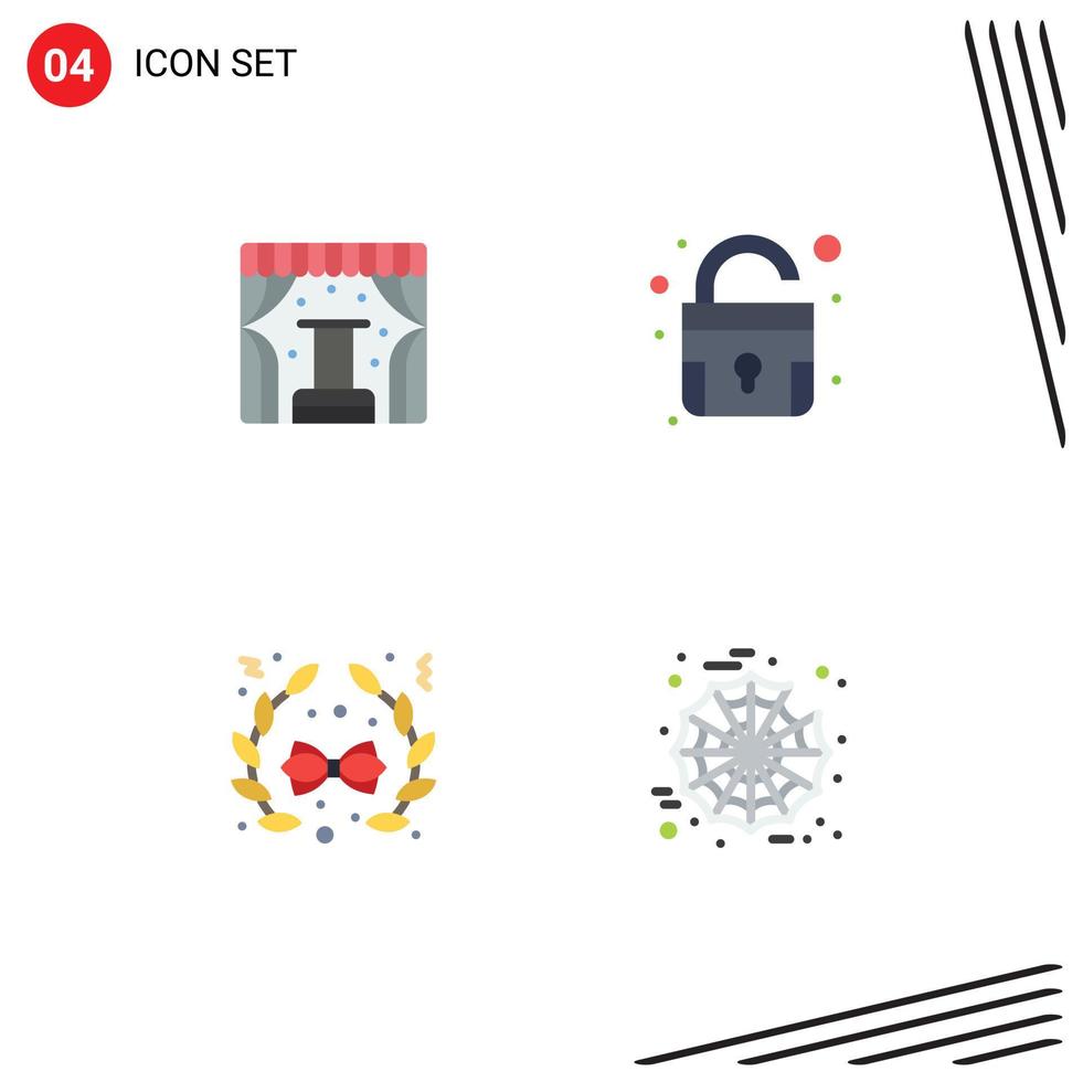 4 User Interface Flat Icon Pack of modern Signs and Symbols of concert decoration trade unlock spider Editable Vector Design Elements