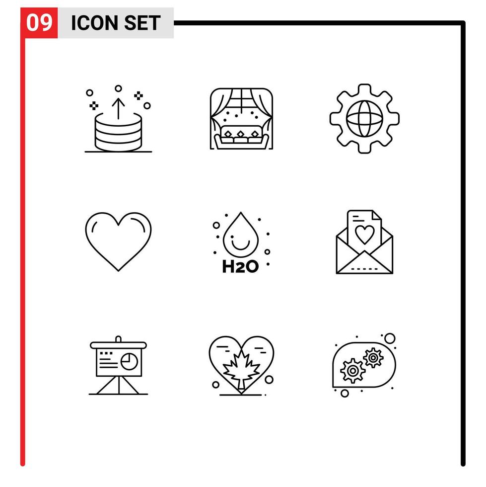 Pack of 9 Modern Outlines Signs and Symbols for Web Print Media such as drop favorite sofa like heart Editable Vector Design Elements