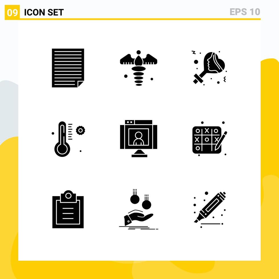 Group of 9 Solid Glyphs Signs and Symbols for communications weather pharmacy thermometer celebrate Editable Vector Design Elements