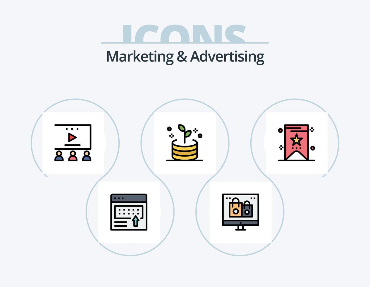 márketing y publicidad línea lleno icono paquete 5 5 icono diseño. marketing. anuncio. en línea. publicidad. márketing vector