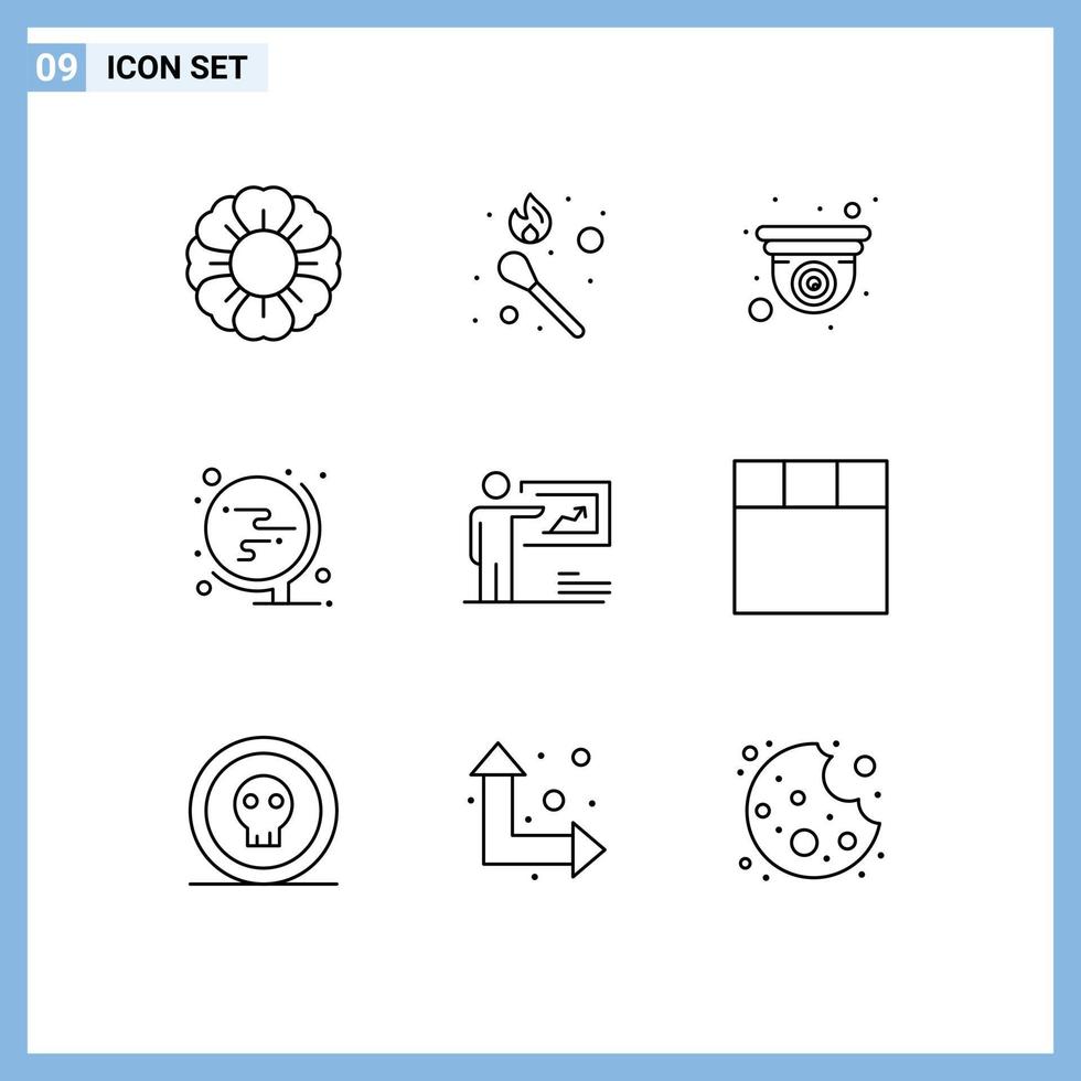 Editable Vector Line Pack of 9 Simple Outlines of strategy presentation camera office world Editable Vector Design Elements