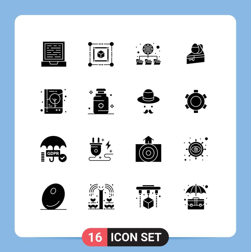 16 Thematic Vector Solid Glyphs and Editable Symbols of print cover network brand identity egg Editable Vector Design Elements
