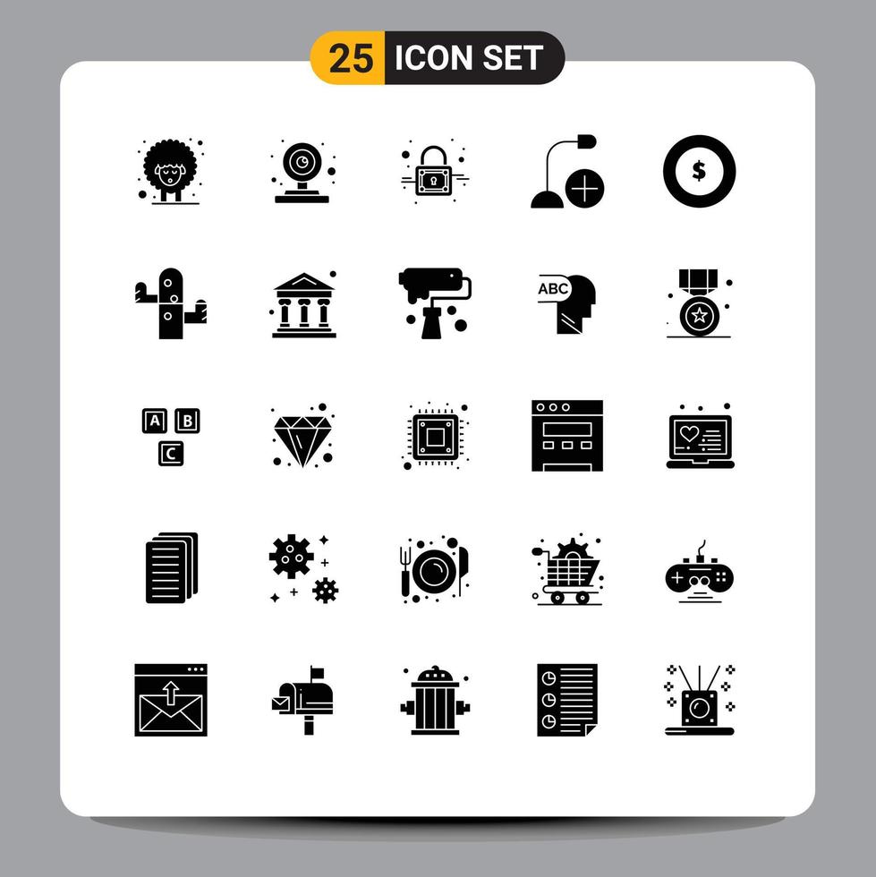 25 Thematic Vector Solid Glyphs and Editable Symbols of dollar hardware closed gadget computers Editable Vector Design Elements