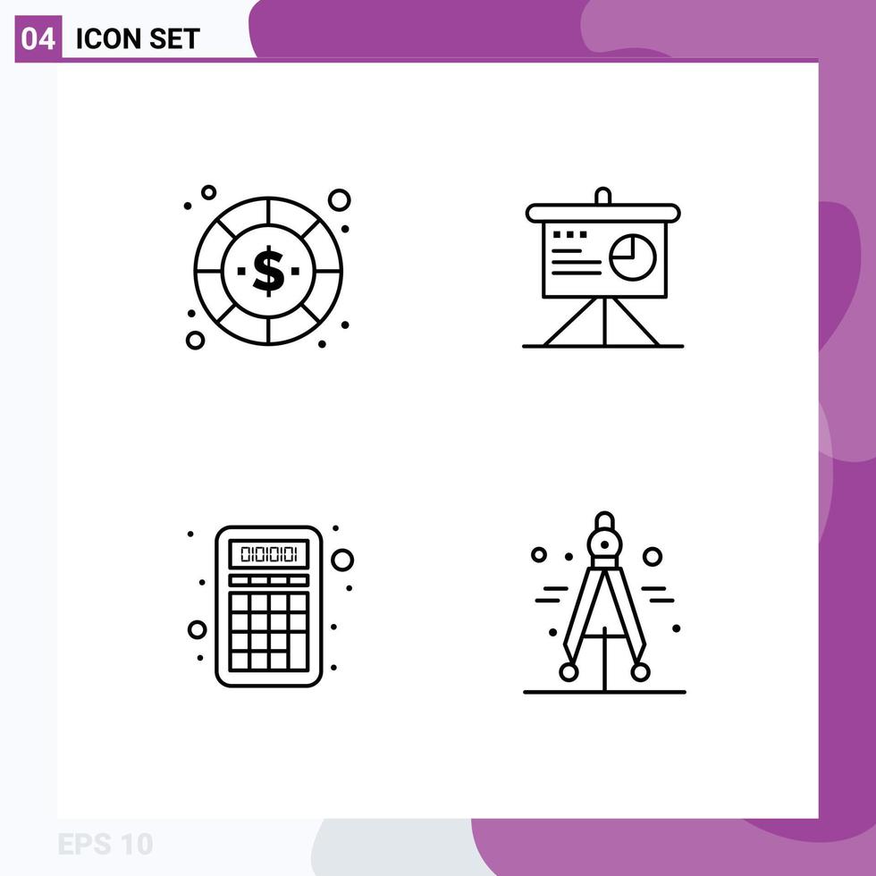 Modern Set of 4 Filledline Flat Colors Pictograph of coin accounting money analytics math Editable Vector Design Elements