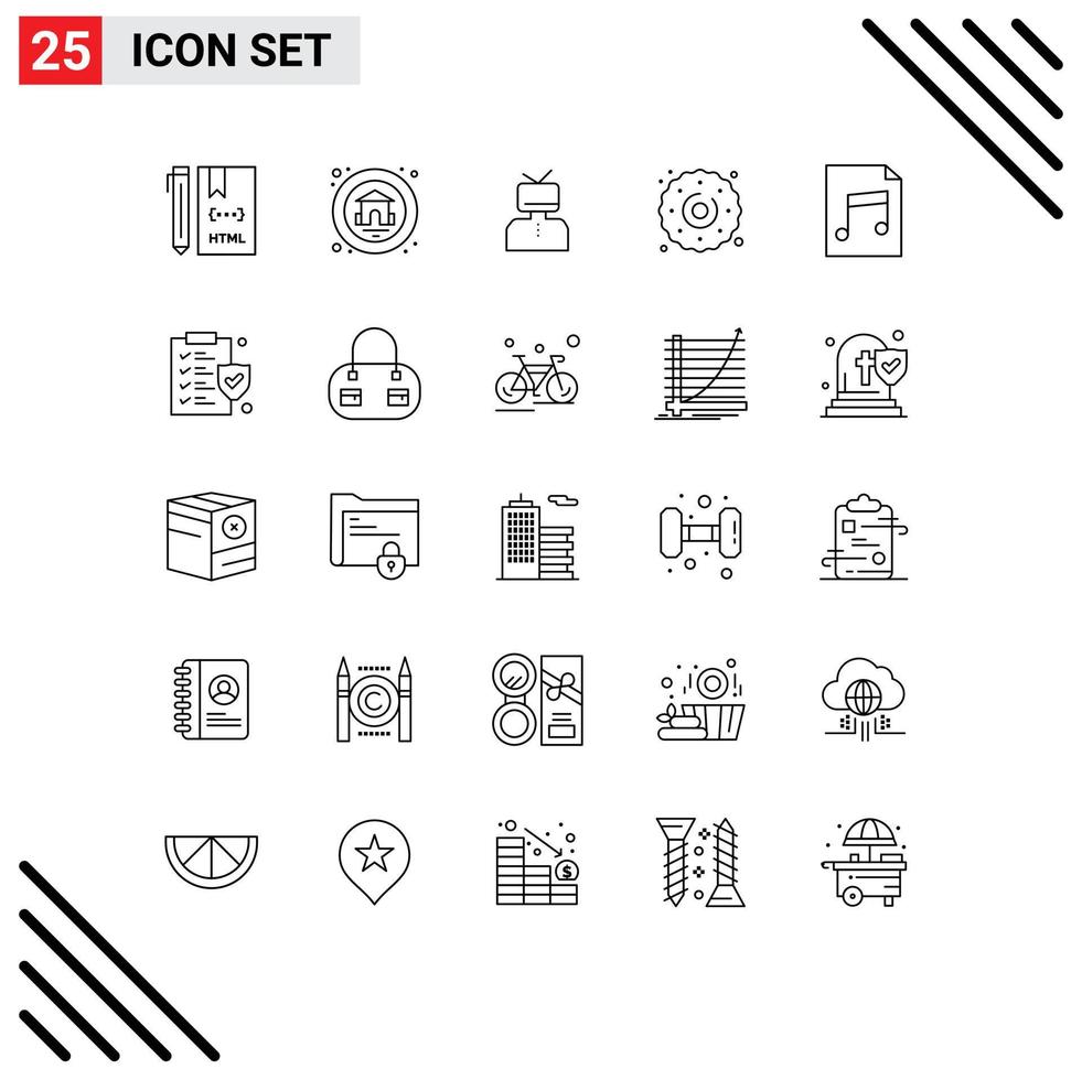 Editable Vector Line Pack of 25 Simple Lines of audio food affirmation dessert person Editable Vector Design Elements