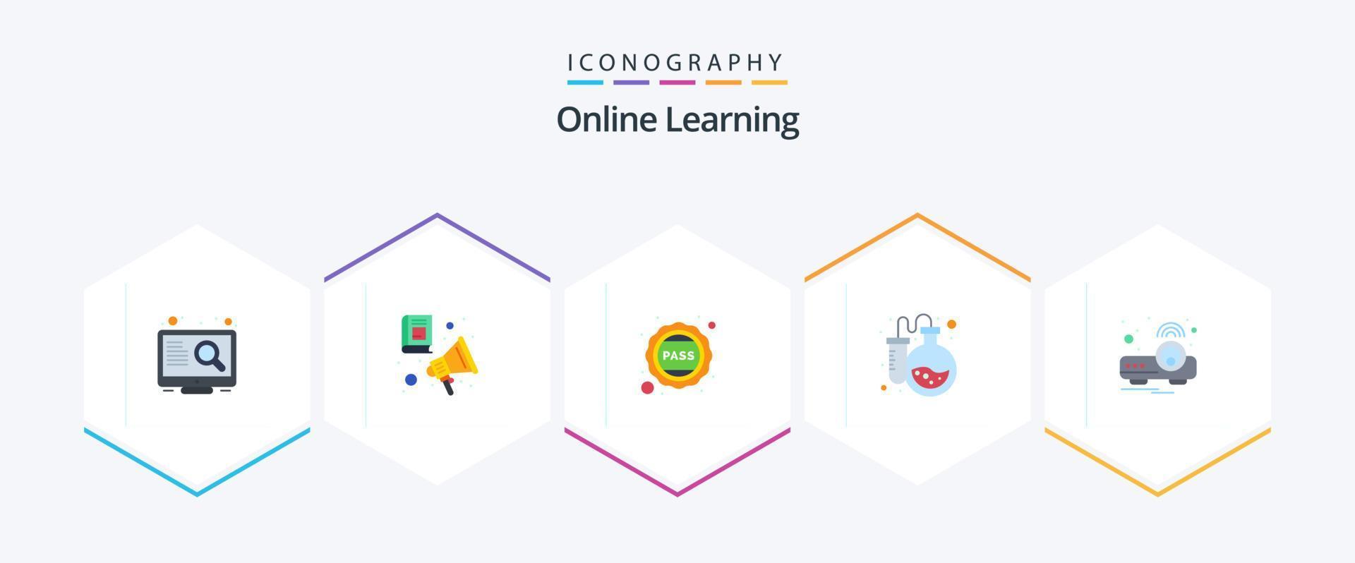 en línea aprendizaje 25 plano icono paquete incluso dispositivo. prueba tubos insignia. laboratorio. pasar vector
