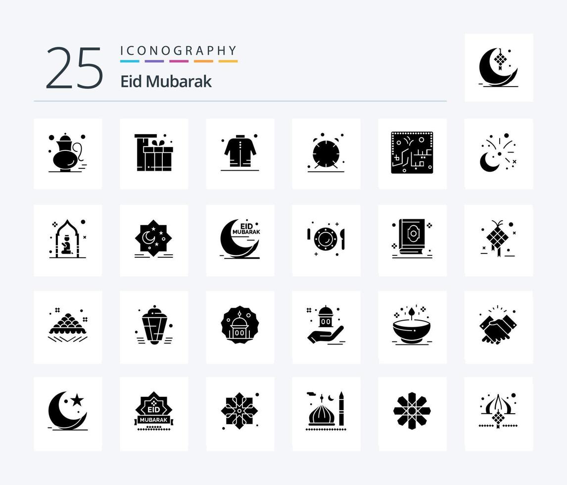 Eid Mubarak 25 Solid Glyph icon pack including time. alarm. eid. eid. man vector