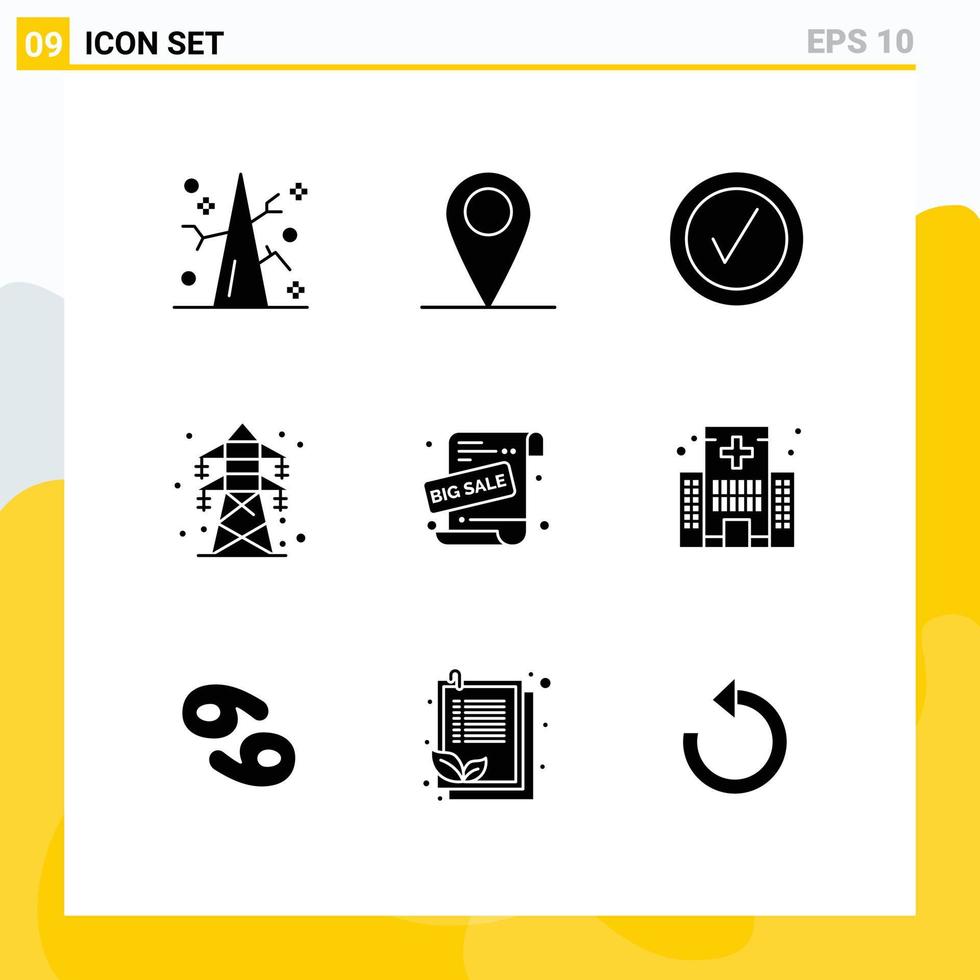 Universal Icon Symbols Group of 9 Modern Solid Glyphs of sale advertisement big sale checked transmission tower energy Editable Vector Design Elements