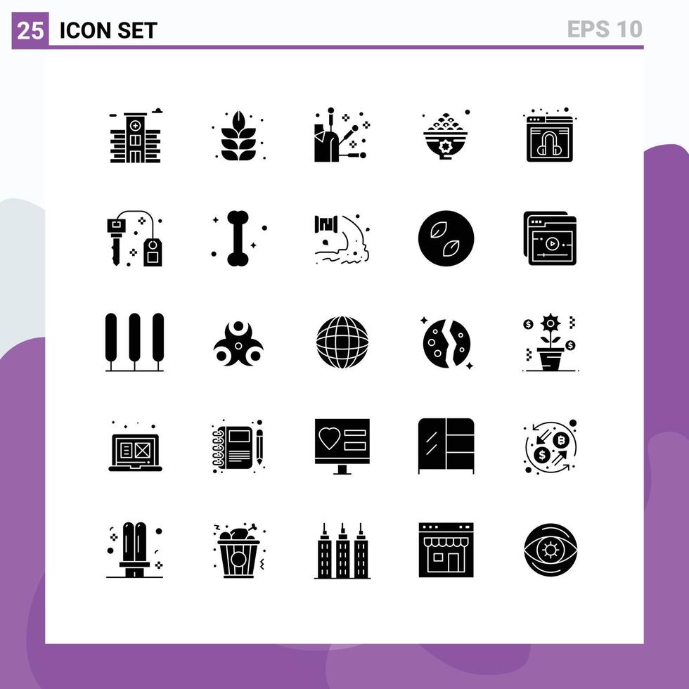 Mobile Interface Solid Glyph Set of 25 Pictograms of service web element chat lunch Editable Vector Design Elements