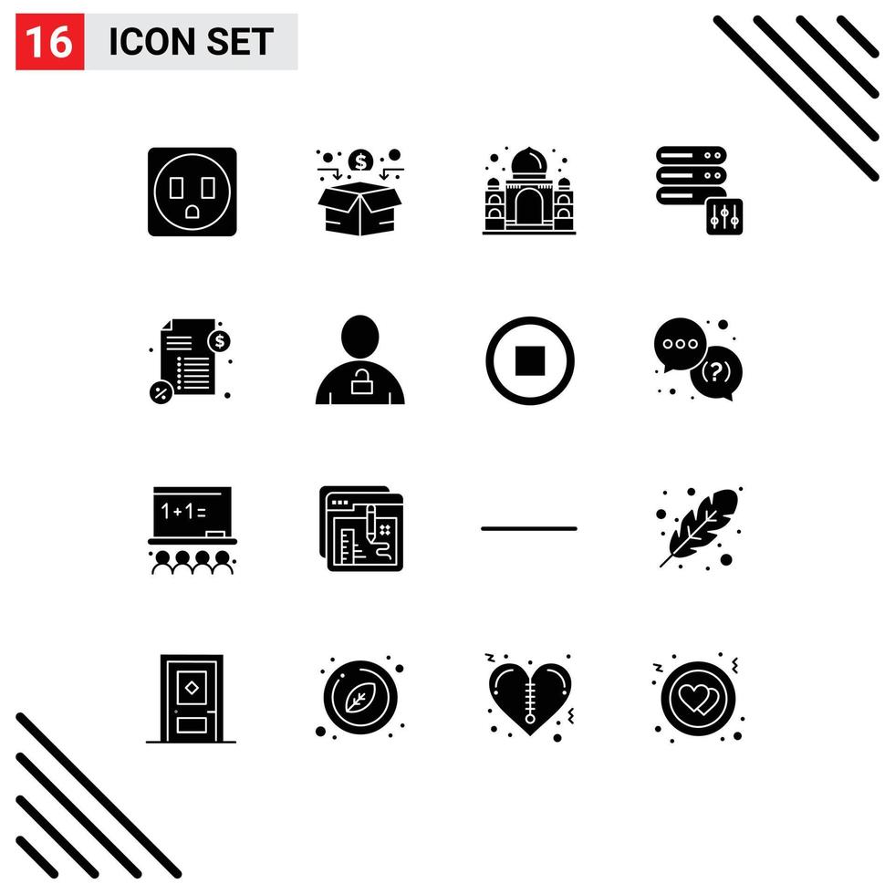 Pictogram Set of 16 Simple Solid Glyphs of body payment taj mahal money server Editable Vector Design Elements