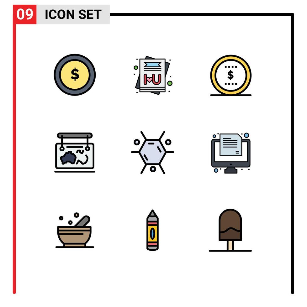 Mobile Interface Filledline Flat Color Set of 9 Pictograms of molecule travel coin guide map Editable Vector Design Elements