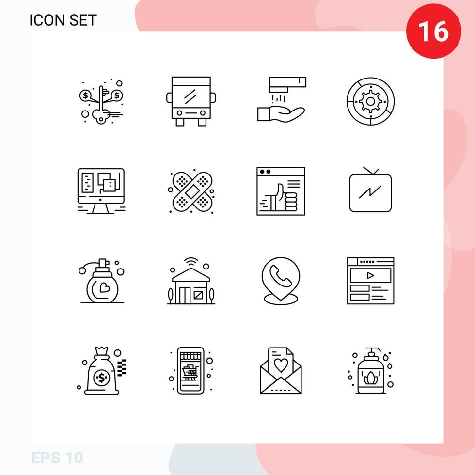 Outline Pack of 16 Universal Symbols of design process hand wash engine settings Editable Vector Design Elements