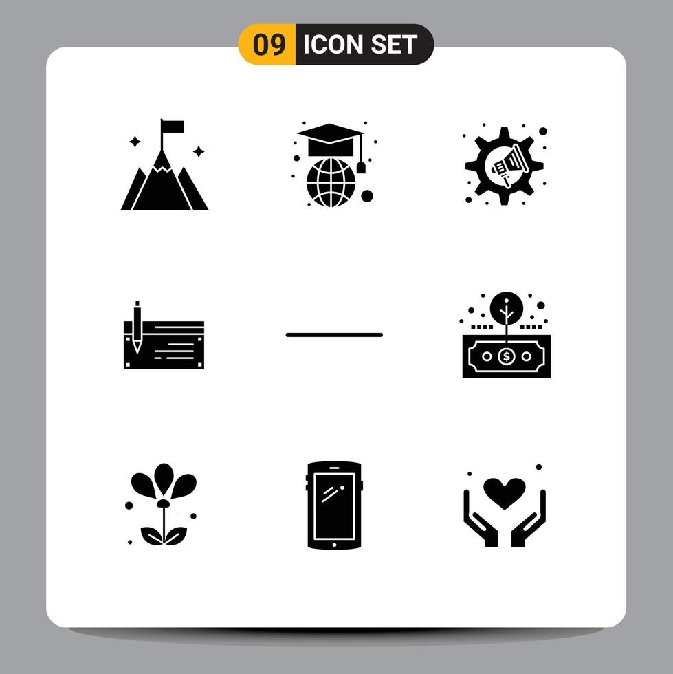 Set of 9 Vector Solid Glyphs on Grid for payment finance megaphone banking account Editable Vector Design Elements